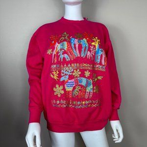 Vintage 1980s/90s Pink Reindeer Sweatshirt, Glitter Print, Movement Size L/XL